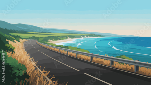 Scenic Coastal Road Trip with Ocean View Landscape and Green Hills in the Distance for Adventure Seekers and Travel Enthusiasts
