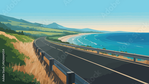 Coastal Road Trip Adventure Scenic Highway Landscape with Ocean Views and Rolling Hills Under a Clear Blue Sky