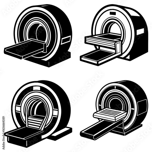 Four mri scanner illustrations in black and white showing medical diagnostic imaging equipment in different views