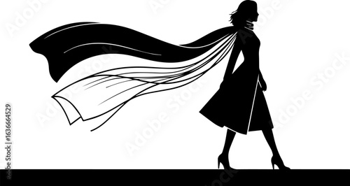 Silhouette of woman wearing cape blowing in the wind