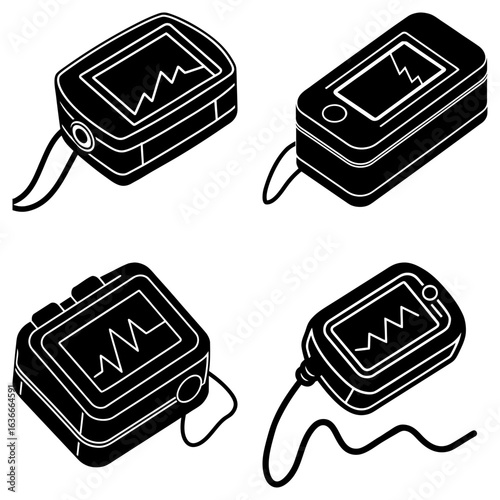 Illustration of four pulse oximeters displaying heart rate waveforms in a black and white design