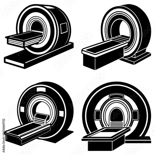 Four magnetic resonance imaging machines in black and white medical diagnostic equipment scans and imaging