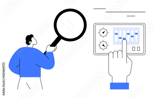 Person holding magnifying glass analyzing data with hand adjusting sliders on a control interface. Ideal for research, analysis, control, management, technology, optimization, exploration. Simple