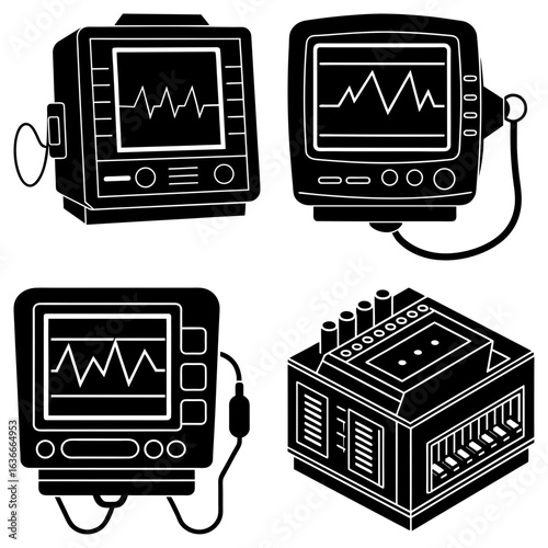 Four medical monitors displaying waveforms and a complex device with multiple inputs and outputs