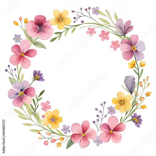watercolor wreath made of wildflowers on white background