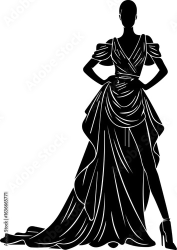 Silhouette of woman in a glamorous formal gown on white background
