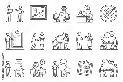 Vector art of set of business meeting and teamwork line icons isolated on white background