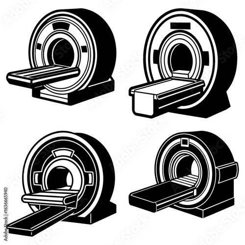Four black and white illustrations of mri machines with patient tables in a medical setting view