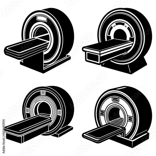 Four black and white mri scanner illustrations with tables in different perspectives and angles