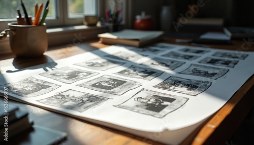 Layout of storyboard sketches for film animation project. Black, white illustrations depict narrative scenes, character development, visual storytelling. Includes art tools, pencils, notebooks on