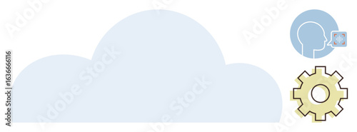 Large cloud shape, user profile accessing data, gear symbolizing processes. Ideal for technology, connectivity, data storage, innovation, cloud services computing system processes. Clean simple