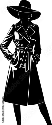 Black silhouette of woman in trench coat and hat on white background
