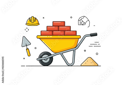 A bright yellow wheelbarrow loaded with red bricks, accompanied by a safety hard hat and trowel, illustrating building and construction work.