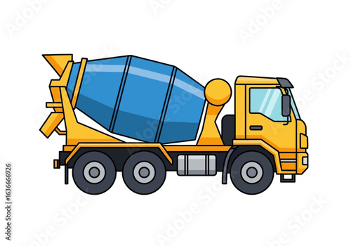A vibrant illustration depicts a yellow cement mixer truck, essential for construction, against a clean white background, ready to deliver concrete.