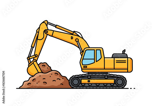 Illustration of a yellow excavator digging into a pile of dirt on a white background, ideal for construction, engineering, and industrial themes with a clean design.