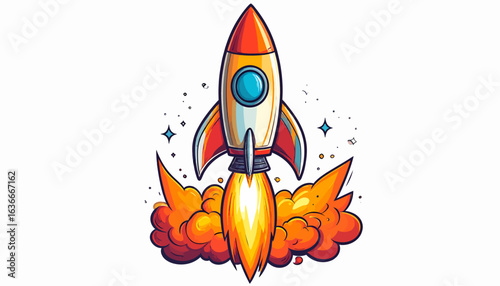 Cartoon rocket ship blasting off with flames and smoke against a white background.