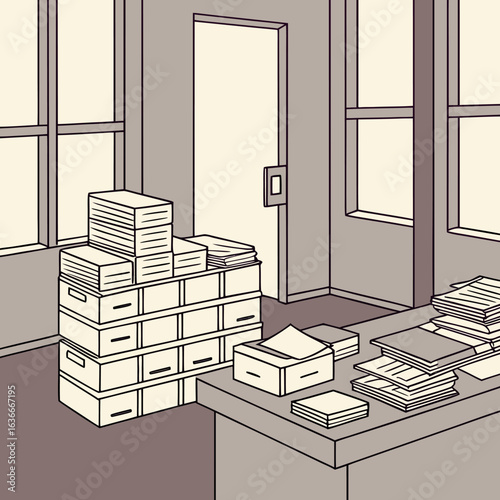 Overwhelmed by piles of documents in an empty office