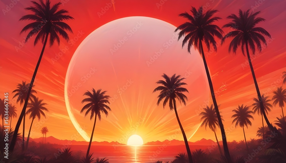 Fototapeta premium Stunning sunset over the ocean with silhouetted palm trees, creating a tropical scene.
