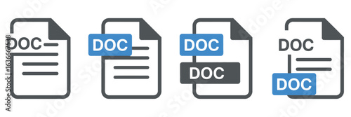 Doc file format icons set, doc file download symbols, text writing images tables format vector