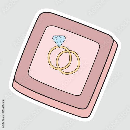 Couple Rings Vector Illustration Sticker. Romantic vector sticker of a wedding ring set with a diamond in a box. Perfect for love, marriage, or engagement-themed designs