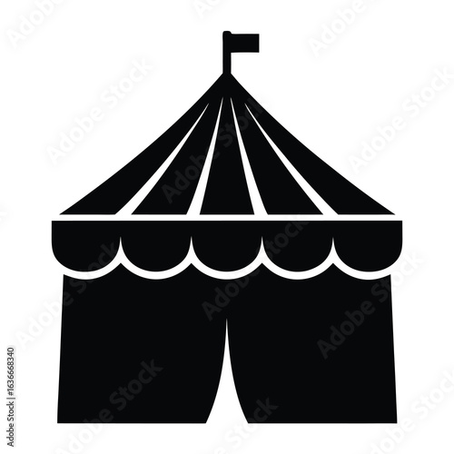 Black silhouette vector icon of a classic circus tent with a flag on top, featuring a pointed roof and scalloped valance, ideal for entertainment, event, or fairground designs.