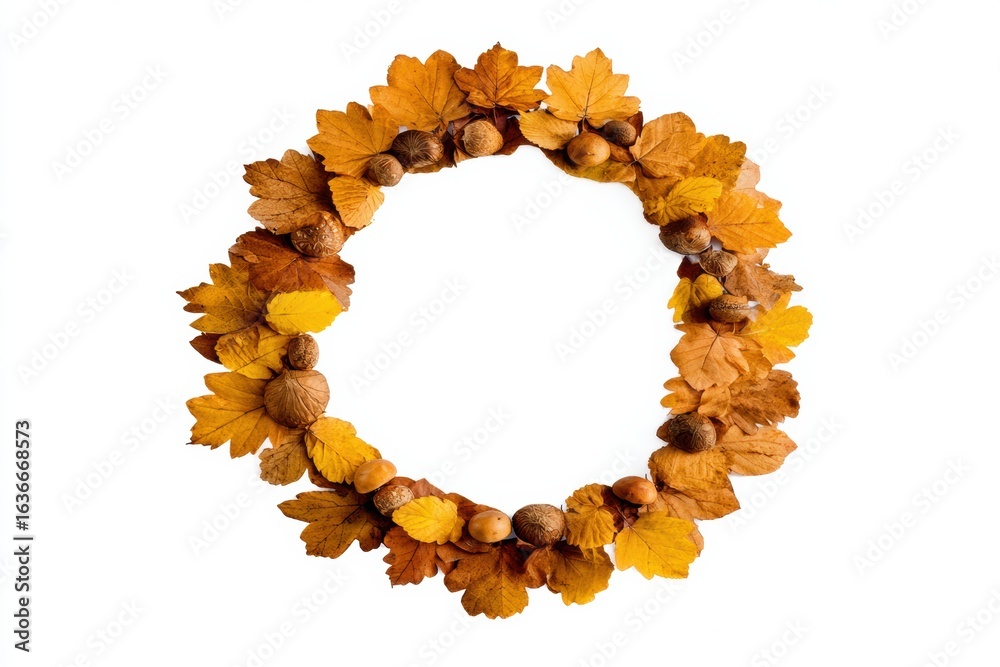 Obraz premium A circular arrangement of autumn leaves and acorns, showcasing warm hues of orange and yellow, perfect for seasonal decor.