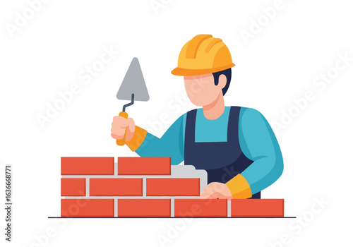 A construction worker wearing a yellow helmet skillfully lays red bricks using a trowel, building a sturdy wall, showcasing construction expertise.