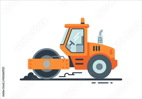 An orange road roller flattens asphalt on a white background, rendered in a clean, flat, vector illustration style perfect for construction and engineering themes.