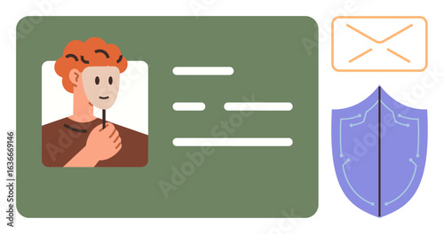 Identity card featuring a masked person, security shield, and email icon emphasizing privacy, anonymity, data protection, cybersecurity, secure communication, digital safety, regulatory compliance