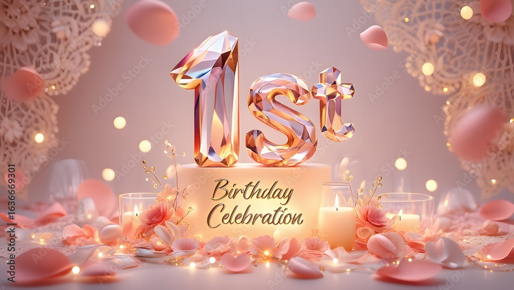Naklejka premium A beautiful first birthday celebration with crystal numbers, candles, and pink floral decorations creating a sweet and romantic atmosphere