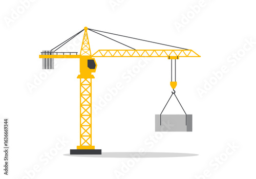 A bright yellow tower crane, a symbol of urban development, lifts a heavy concrete block on a construction site.