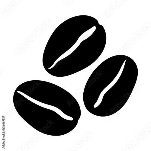 Three stylized black vector coffee beans on a white background for caffeination