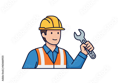 A cartoon illustration depicts a construction worker in a hard hat and safety vest, holding a wrench, representing maintenance and repair services.