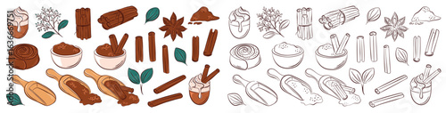 Collection of cinnamon spice element in color and outline, sticks, powder, coffee, bun, star anise leaves and dessert. Ideal for culinary packaging, recipe, menu and festive seasonal design.