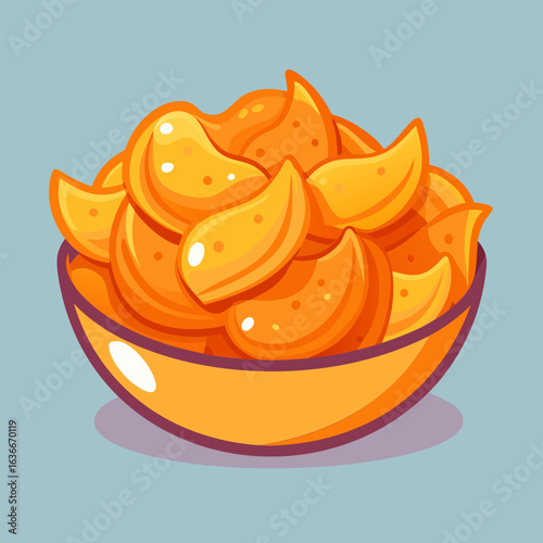 A pile of crispy. orange potato chips in a yellow bowl. A cartoon style depiction of a snack food. Food illustration for general use.