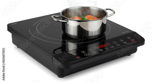 Induction Cooktop With Stainless Steel Pot Containing Steaming Vegetables Presents Efficient Cooking Solution for Healthy Lifestyle Choices and Modern Kitchen