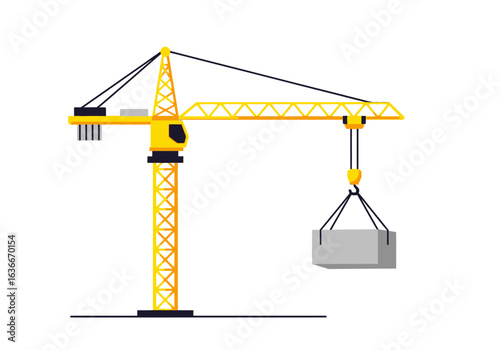 A vibrant illustration showcases a yellow construction crane lifting a concrete block, set against a clean white backdrop, symbolizing building and industry.