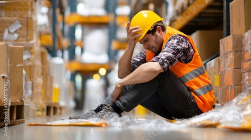 Warehouse worker stressed, seated on floor near boxes
