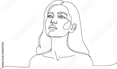 Elegant continuous line drawing of a woman looking upwards with