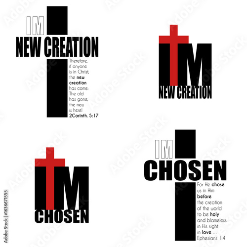 Cross with text. New creation message. Bold chosen words. Christian vector design. Set. EPS 10.