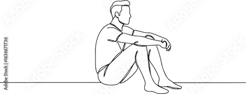 Minimalist line art depicting a seated man in contemplation and
