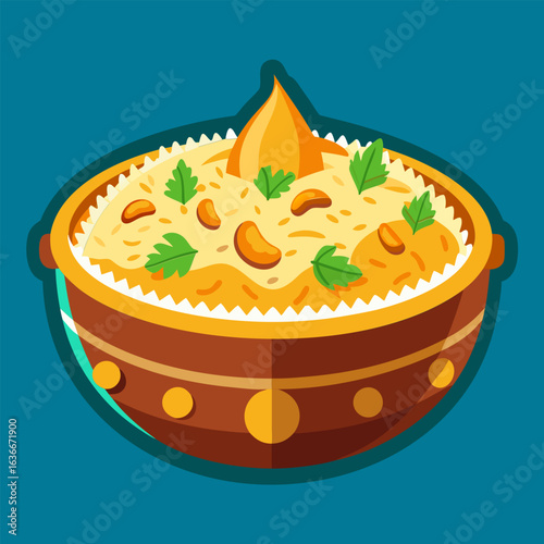 Indian rice dish in a traditional bowl. Dish of Kerala style rice with garnishes displayed in a decorative bowl on a teal background.
