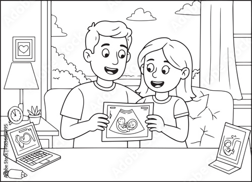 Excited expectant couple gazing at ultrasound of their twins ill