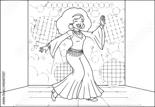 Groovy coloring page of a 1970s disco dancer with afro and bell
