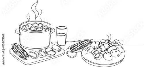 One line drawing of New England clam bake with lobster and corn
