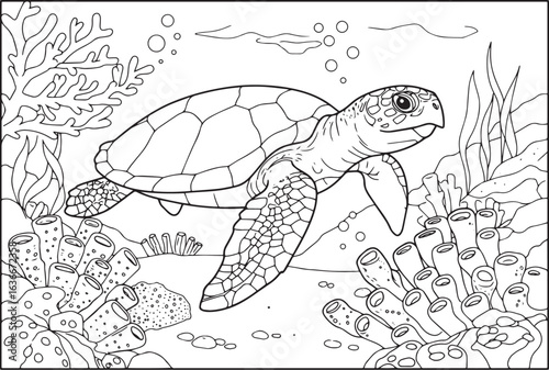 Sea turtle swimming in the ocean, coloring book page of marine l