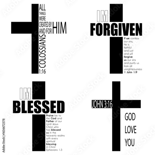 Cross with text. Forgiven message vector. Blessed quote design. Holy bible verse. EPS 10.