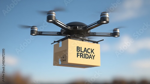 Delivery drone transports parcel labeled Black Friday in urban setting during daytime Generative AI