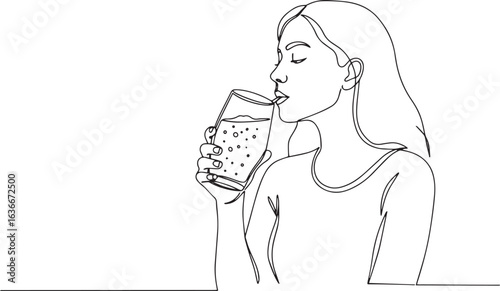 Elegant minimalist line art depicting a woman enjoying a refresh