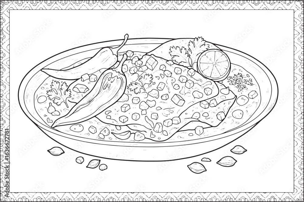 Delicious mole verde illustration with peppers cilantro and lime